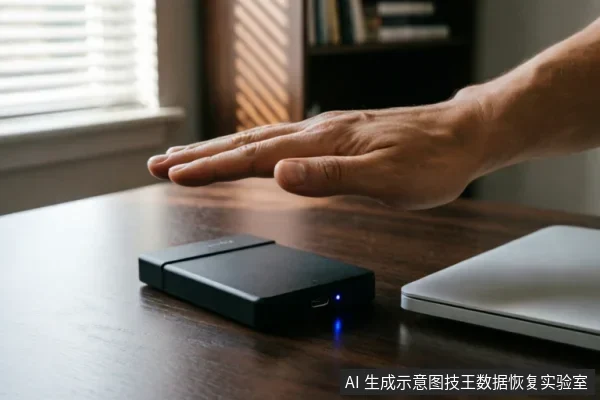 一只悬停在深色木质桌面上的黑色移动硬盘上方，硬盘侧面亮着蓝色指示灯，旁边放置着一台银色笔记本电脑的一角。