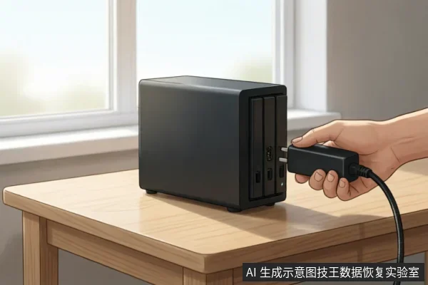 画面展示了一只手正将黑色电源适配器插头插入放置在木桌上的NAS存储设备侧面接口,演示了检查或断开设备物理连接的操作场景。