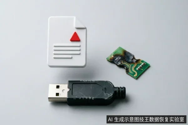 A white document icon with a red triangle sits above a black USB connector and a burnt, damaged green circuit board.