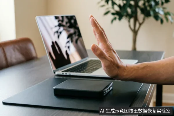 一只手掌在笔记本电脑前做出明确的停止手势,示意禁止操作。桌面上放置着一个黑色的外接存储设备,电脑屏幕中同步反射出拒绝的手部动作,直观地传达了数据恢复流程中“写入禁令”与“立即断电保护”的核心概念。