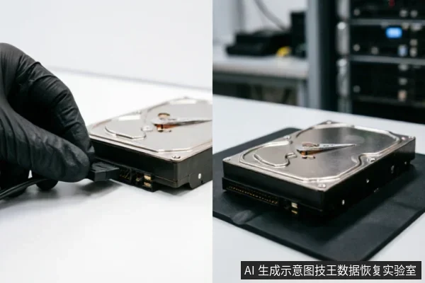 戴着黑色防静电手套的手正在将数据线插入机械硬盘接口,另一块硬盘放置在黑色防静电垫上,背景可见服务器机架设备。