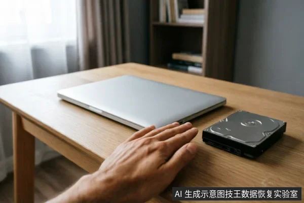 一只男性的手平放在木质桌面上，位于一台闭合的银色笔记本电脑与一块裸露的黑色机械硬盘之间。画面展示了数据恢复场景中的关键道具，暗示在设备故障后停止操作、断开连接并冷静评估的状态。