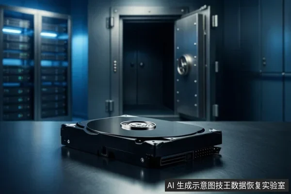 画面前景为放置在深色台面上的机械硬盘，背景可见打开的保险库门与左侧服务器机柜，整体环境偏暗。