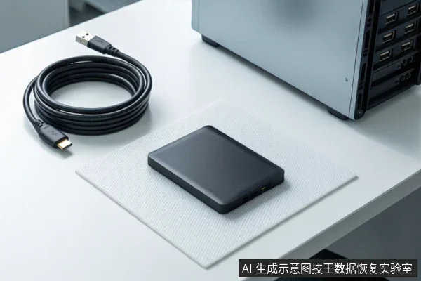 白色桌面上，左侧盘绕着一根黑色USB数据线，中间白色垫子上平放一块黑色移动硬盘，右侧是一台银色台式机箱，机箱正面可见多个USB接口。