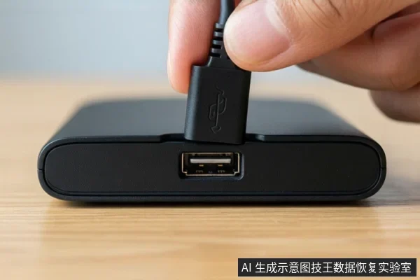 一只手正将黑色USB数据线插入放置在木桌上的黑色移动硬盘接口中。