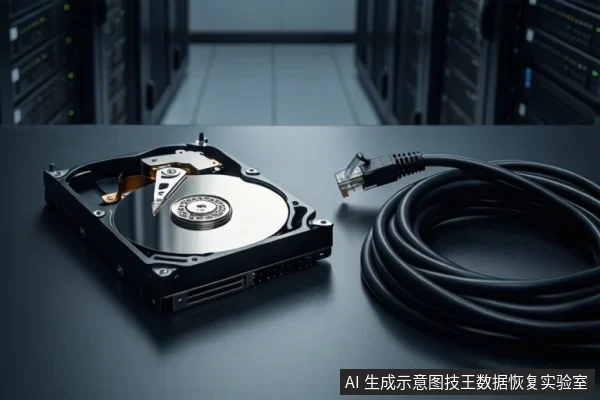 深色桌面上,左侧平放一块打开外壳的机械硬盘,露出盘片与磁头组件;右侧盘绕着一根黑色网线,接头清晰可见。背景为模糊的服务器机柜通道。