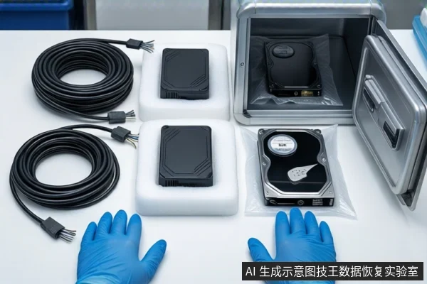 白色桌面上平放两个黑色硬盘盒、两根盘绕的黑色线缆、一个打开的银色防震箱及防静电袋中的机械硬盘。前景有一双戴蓝色手套的手掌平放。