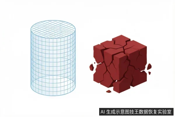 画面左侧为一个浅蓝色网格构成的完整圆柱体,象征结构规整的数据镜像或扇区流;右侧为一个深红色且布满裂纹、正在崩解破碎的立方体,象征碎片化或损坏的文件数据。两者形成鲜明对比,直观展示了逻辑层分析中原始结构与恢复后实体的差异。