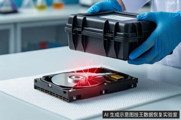 白色防静电垫上平放一块打开外壳的机械硬盘,盘片上方有红色光效。上方一双戴蓝色手套的手持黑色防震箱悬停在硬盘上方,背景为模糊的实验室环境。
