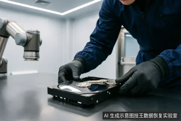 身穿蓝色防静电服、佩戴黑色手套的专业人员正在洁净室环境中检查一块已打开外壳的机械硬盘,背景可见自动化机械臂设备。画面展示了专业数据恢复实验室中对受损存储介质进行物理检测的场景。