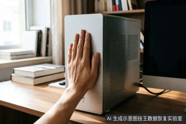 一只手掌紧紧按在银灰色台式电脑主机箱的侧面,呈现出紧急停止或制动的手势。背景为木质桌面、书籍及显示器,光线明亮,直观表达了在电脑故障时立即断电或停止操作的警示含义。