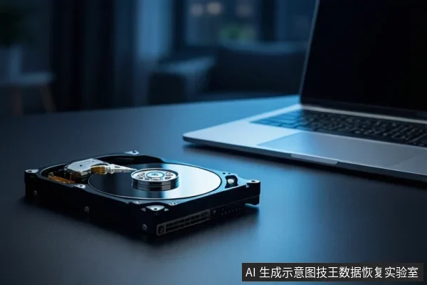 深色桌面上，左侧平放一个打开外壳的机械硬盘，可见盘片、主轴和磁头组件。右侧是一台银色笔记本电脑，屏幕关闭。背景为模糊的室内环境。