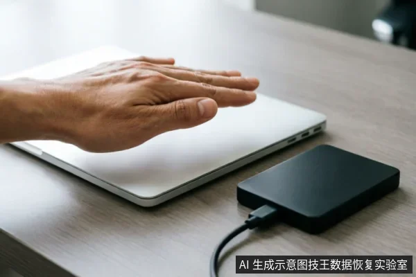 一只成年人的手正按在闭合的银色笔记本电脑盖上，旁边桌面上连接着一个黑色的移动硬盘盒，通过数据线接入电脑。画面展示了数据恢复检测前的设备连接与停止操作状态。