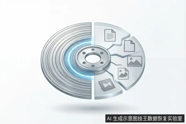 图片展示了一个银色机械硬盘的立体概念图,左半部分为完好的盘片结构,右半部分呈现破碎裂纹状并浮现文档、图片等文件图标。该画面直观隐喻了存储介质在遭受逻辑损坏或文件系统崩溃后,数据依然残存于底层扇区中等待提取的状态。