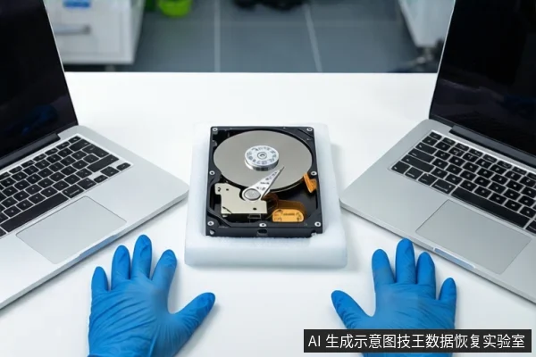 白色桌面上,中间白色泡沫垫上平放一块打开外壳的机械硬盘,可见盘片与磁头臂。左右两侧各有一台银色笔记本电脑,屏幕关闭。前景一双戴蓝色手套的手掌平放在桌面上,呈静态展示姿态。