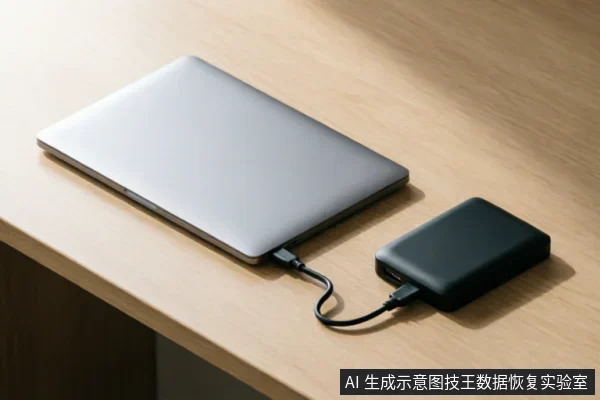 一张银色笔记本电脑通过黑色数据线连接黑色移动硬盘的实拍图,设备放置在浅色木纹桌面上,展示了外部存储设备的连接状态。
