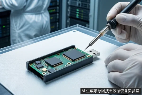 洁净室白色桌面上平放一个打开外壳的U盘,露出绿色电路板与芯片。前景一双戴白手套的手持电烙铁正在焊接电路板,背景为模糊的服务器机柜。