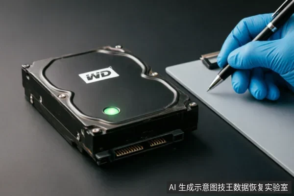 一只戴着蓝色防护手套的手握笔在写字板上记录,旁边放置着一盏绿灯亮起的WD机械硬盘。画面展示了专业数据恢复检测环境中的故障排查与状态记录场景。