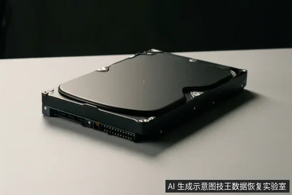 白色桌面上平放着一块黑色机械硬盘,接口端朝向左前方,背景为深色。
