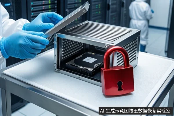 洁净室白色桌面上,戴蓝色手套的双手正打开一个银色金属防震箱的盖子,箱内平放一块裸露机械硬盘,箱体挂有红色挂锁。背景为模糊的服务器机柜和穿无尘服的技术人员。
