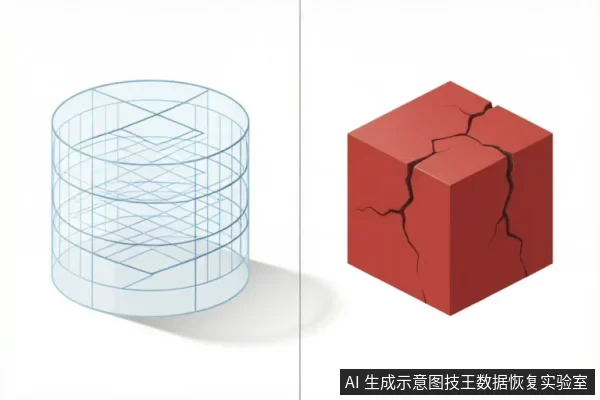 图片分为左右两部分：左侧是一个半透明的蓝色圆柱体线框模型，内部有网格结构，象征逻辑数据或数据库；右侧是一个表面布满裂痕的红色实心立方体，象征受损的硬件介质。两者形成对比，直观展示了逻辑层与物理层的区别。