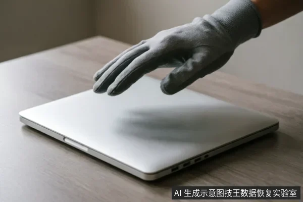 一只戴着灰色防静电手套的手悬停在一台闭合的银色笔记本电脑上方,展示专业数据恢复检测中的规范操作与设备防护场景。