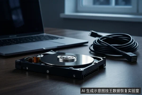 深色木质桌面上,前景平放一块打开外壳的机械硬盘,可见盘片与磁头组件。左侧是一台银色笔记本电脑,右侧盘绕着一根黑色线缆。背景为模糊的窗户。