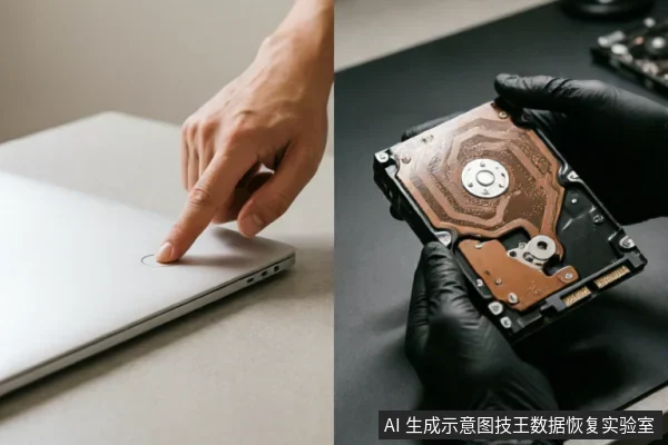 左图展示手指按压笔记本电脑触控板或电源键,象征用户日常操作;右图展示戴黑色手套的双手托举一块已拆解的机械硬盘,清晰可见内部磁盘与磁头组件,呈现专业数据恢复检测场景。