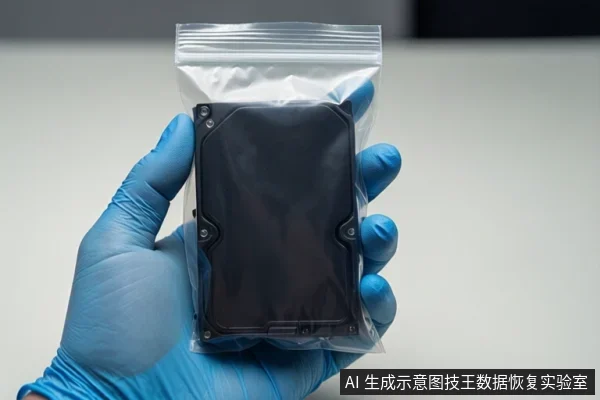 一只戴蓝色手套的手拿着一个密封在透明自封袋中的黑色移动硬盘，背景为浅色桌面。