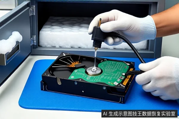 蓝色防静电垫上平放一块打开外壳的机械硬盘,可见盘片与主轴电机。上方一只戴白色手套的手正握持一个黑色电源插头,将其悬停在硬盘上方。左侧是一个打开的灰色保险柜,柜内放置白色泡沫垫。