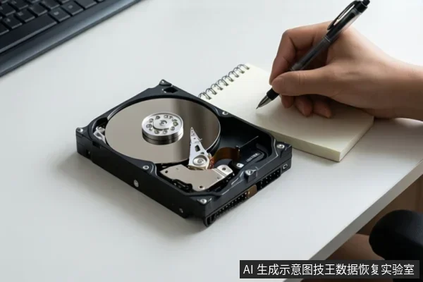 白色桌面上放着一块裸露的机械硬盘,旁边有一只手正握笔在便签本上书写,左上角可见部分键盘。