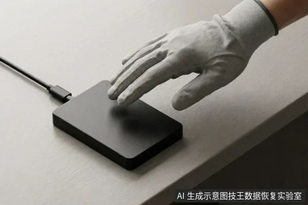一只戴着白色防静电手套的手悬停在一个连接着数据线的黑色移动硬盘盒上方,展示了在操作精密存储设备时佩戴防护装备的场景,体现了对硬件的规范处理与保护。