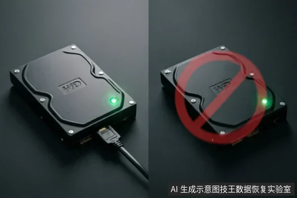 图片分为左右两部分,左侧展示一块连接着数据线的黑色机械硬盘,绿色指示灯亮起;右侧为同一硬盘画面,但覆盖有巨大的红色禁止符号。