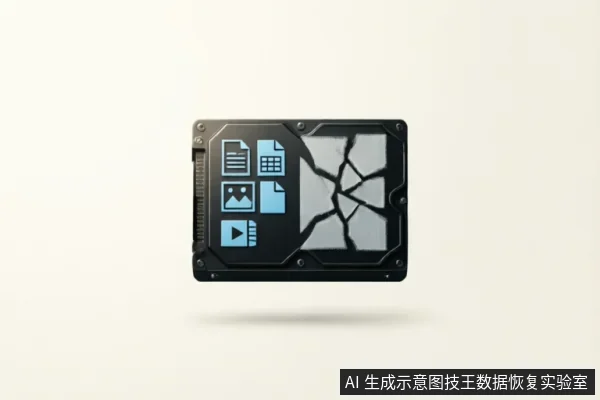 一个悬浮的黑色硬盘，其表面呈现明显的破碎裂纹效果。硬盘左侧显示文档、图片、视频等文件图标，象征内部存储的数据；右侧外壳破裂露出内部结构，直观表现硬件层面的物理损坏或严重故障。
