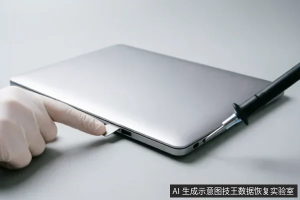 一只戴着白色防护手套的手正在操作一台银色笔记本电脑的侧面接口,旁边放置着一把黑色手柄的专业螺丝刀,展示了针对笔记本硬件进行拆解或检修的场景。