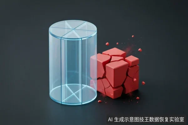 画面展示了一个透明圆柱体容器与一个正在碎裂崩解的红色立方体块。红色方块结构破碎,碎片向外飞溅,象征内部介质受损或物理结构瓦解;旁边的透明圆柱体完好无损,形成鲜明对比。