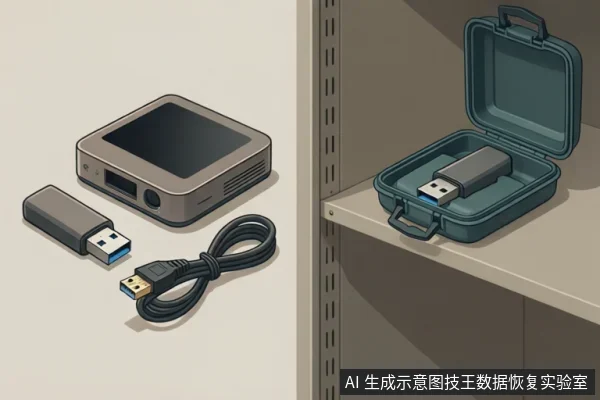 浅色桌面上放着一台小型外接设备、一个USB闪存盘和一根盘绕的USB线缆；右侧架子上有一个打开的便携盒，盒内也放着一个USB闪存盘。