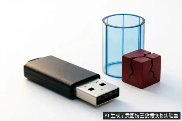 白色背景上放置着一个黑色的USB闪存盘,旁边立着一个半透明的蓝色圆柱体和一个表面布满裂纹的深红色立方体。