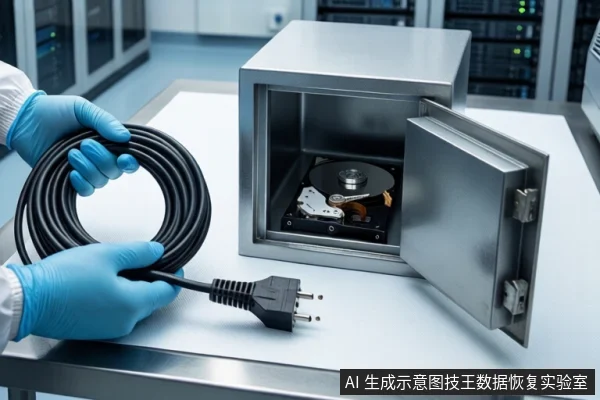 洁净室白色桌面上,前景一双戴蓝色手套的手持握一根盘绕的黑色电源线,线缆末端为三脚插头。右侧为一个打开的银色金属箱,内部平放一块打开外壳的机械硬盘,露出盘片与磁头组件。背景为模糊的服务器机柜。