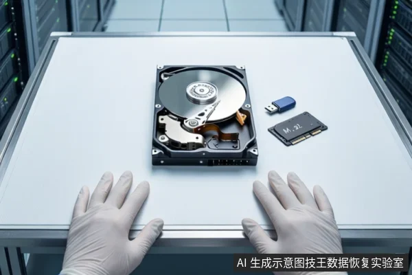 白色桌面上平放一块打开外壳的机械硬盘、一个蓝色U盘和一块M.2固态硬盘。前景一双戴白手套的手平放在桌边,背景为模糊的服务器机柜。