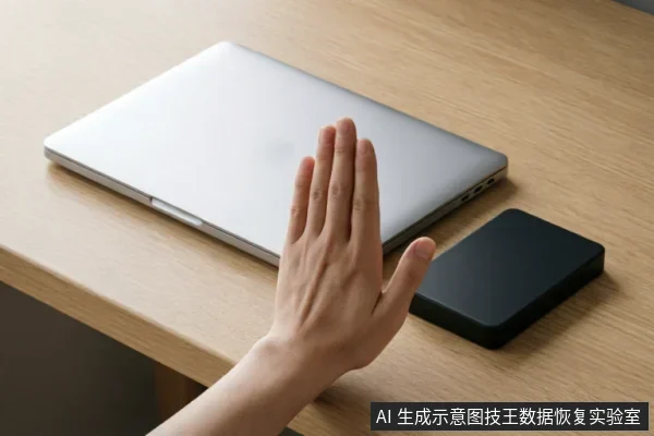 一只手掌悬停在闭合的银色笔记本电脑与黑色移动硬盘之间,做出明显的停止手势。画面通过肢体语言直观传达“立即停止操作”、“保持断电”及“切勿触碰”的警示含义,契合数据丢失后保护原始介质、避免二次损坏的核心原则。