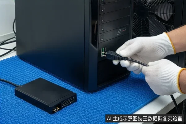 蓝色防静电垫上放置一台黑色立式主机,左侧平放一个黑色方形设备。右侧一双戴白色手套的手正握持黑色线缆插头,对准主机前部接口。背景可见服务器机柜风扇。