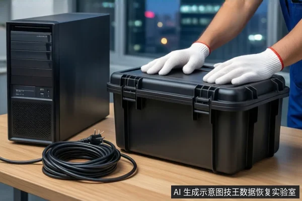 木质桌面上,左侧是一台黑色台式主机,旁边盘绕着一根黑色电源线。右侧是一个闭合的黑色防震箱,一双戴白色手套的手平放在防震箱顶部。背景为模糊的城市夜景。