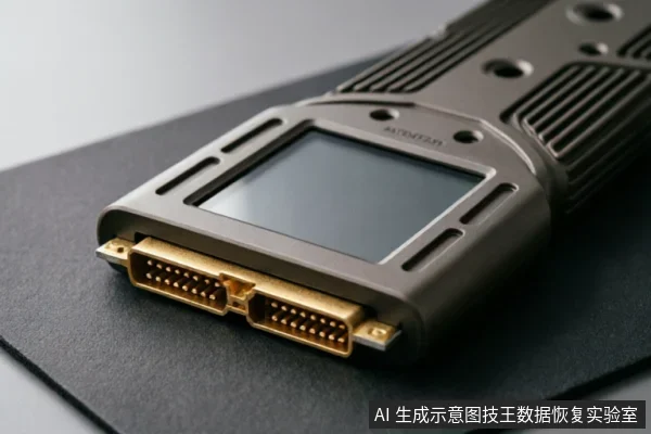 特写展示一台深灰色手持式电子检测设备的接口端,可见两个并排的金色多针脚连接器(类似SCSI或专用工业接口)及上方的小型液晶显示屏。设备放置在黑色纹理垫上,呈现出专业硬件测试工具的特征。