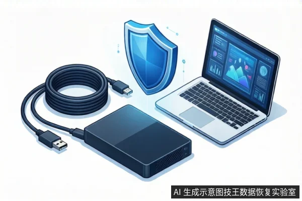 白色背景上,左侧黑色外接硬盘盒连接盘绕的黑色USB线缆,右侧银色笔记本电脑屏幕亮起显示图表,中间悬浮蓝色盾牌图标。