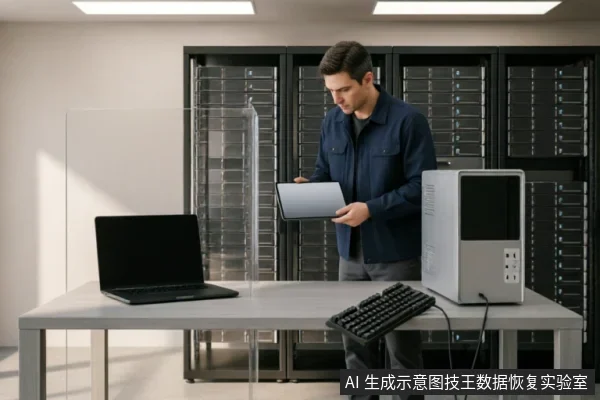 一名身穿深蓝色工作服的男性技术人员站在服务器机柜前,手持一台银色笔记本电脑进行检查。桌面上还放置着另一台黑色笔记本、独立键盘及一台立式主机设备,背景为专业的数据存储环境。