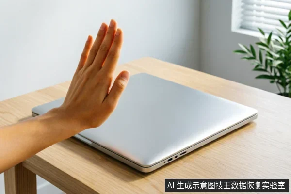一只手掌在闭合的银色笔记本电脑上方做出停止手势,示意立即断电或停止操作。背景为木质桌面和绿植,画面简洁,直观表达了在设备故障时禁止继续使用的警示含义。