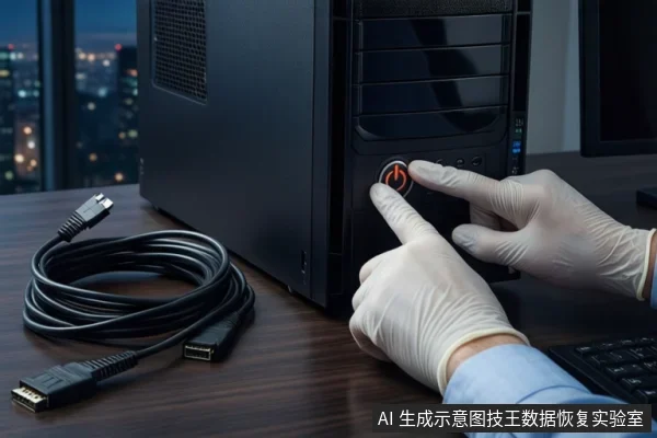 木质桌面上,戴白手套的双手正按压黑色塔式主机正面的红色电源按钮。左侧盘绕着一根黑色数据线,背景为模糊的城市夜景窗户。