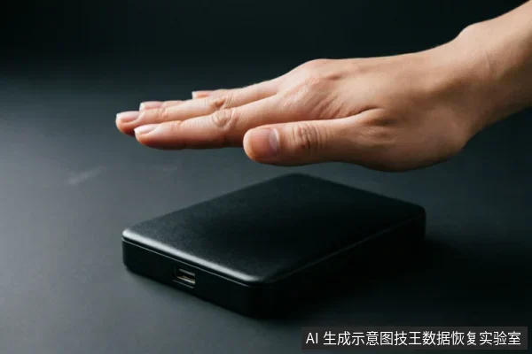 一只手掌悬停在黑色移动硬盘上方,做出停止或按压的手势。硬盘侧面可见USB接口,置于深色背景中,直观表达在设备故障时立即停止操作、保护原始介质的紧急止损原则。
