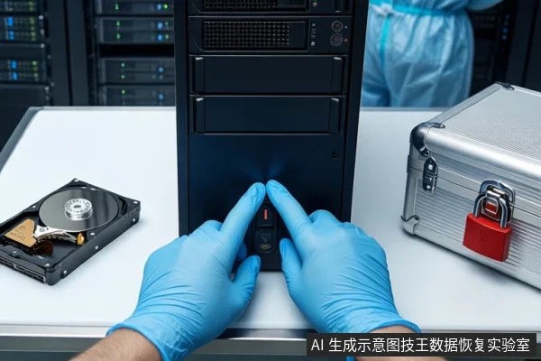 洁净室白色桌面上，戴蓝色手套的双手正按压黑色塔式主机正面的红色电源按钮。左侧平放一块打开外壳的机械硬盘，右侧为挂有红色挂锁的银色金属防震箱。背景可见服务器机柜和穿蓝色无尘服的技术人员。